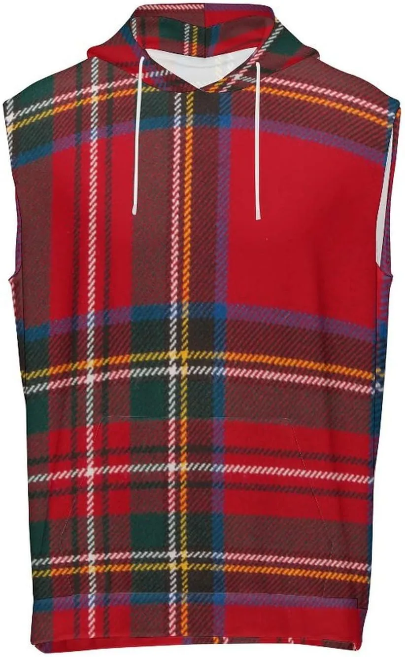 Red Tartan Design Men's Workout Tank Tops Sleeveless Running Shirts With Hoodie Workout Hooded