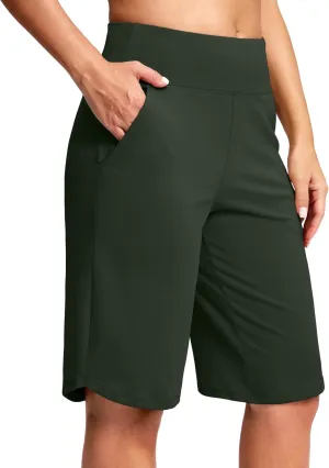 SANTINY 12" Long Bermuda Shorts for Women Knee Length with Pockets High Waisted Stretch Shorts for Summer Walking