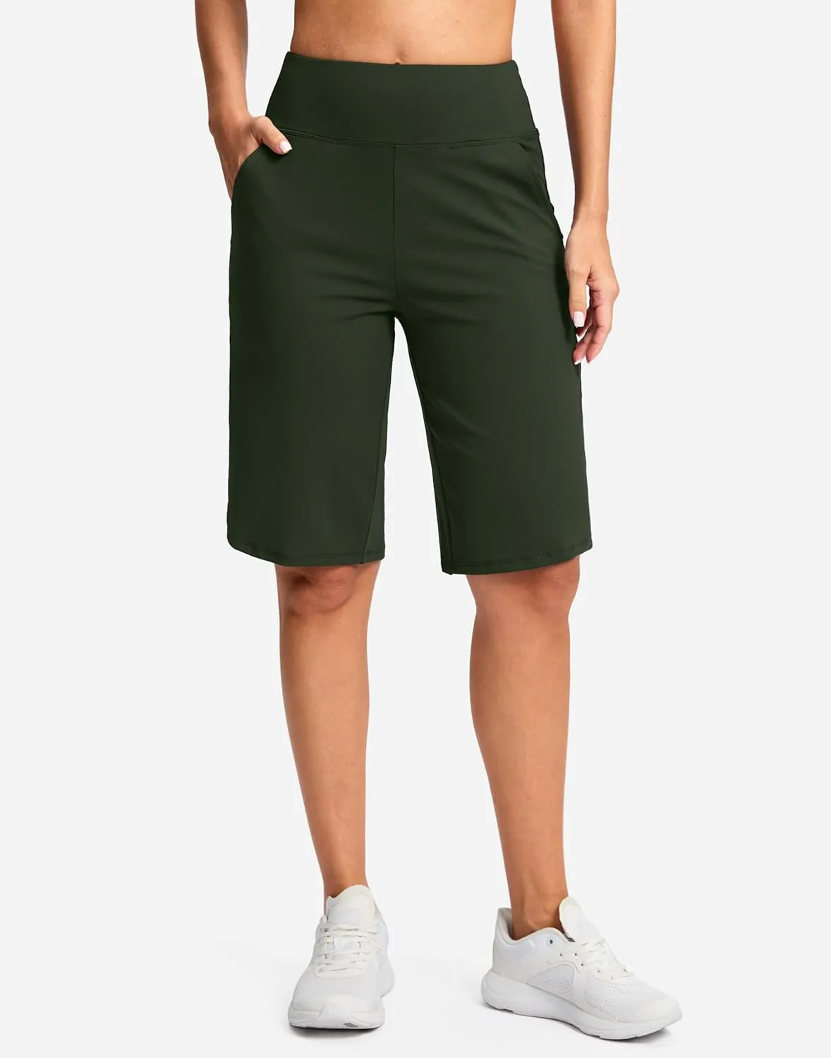SANTINY 12" Long Bermuda Shorts for Women Knee Length with Pockets High Waisted Stretch Shorts for Summer Walking