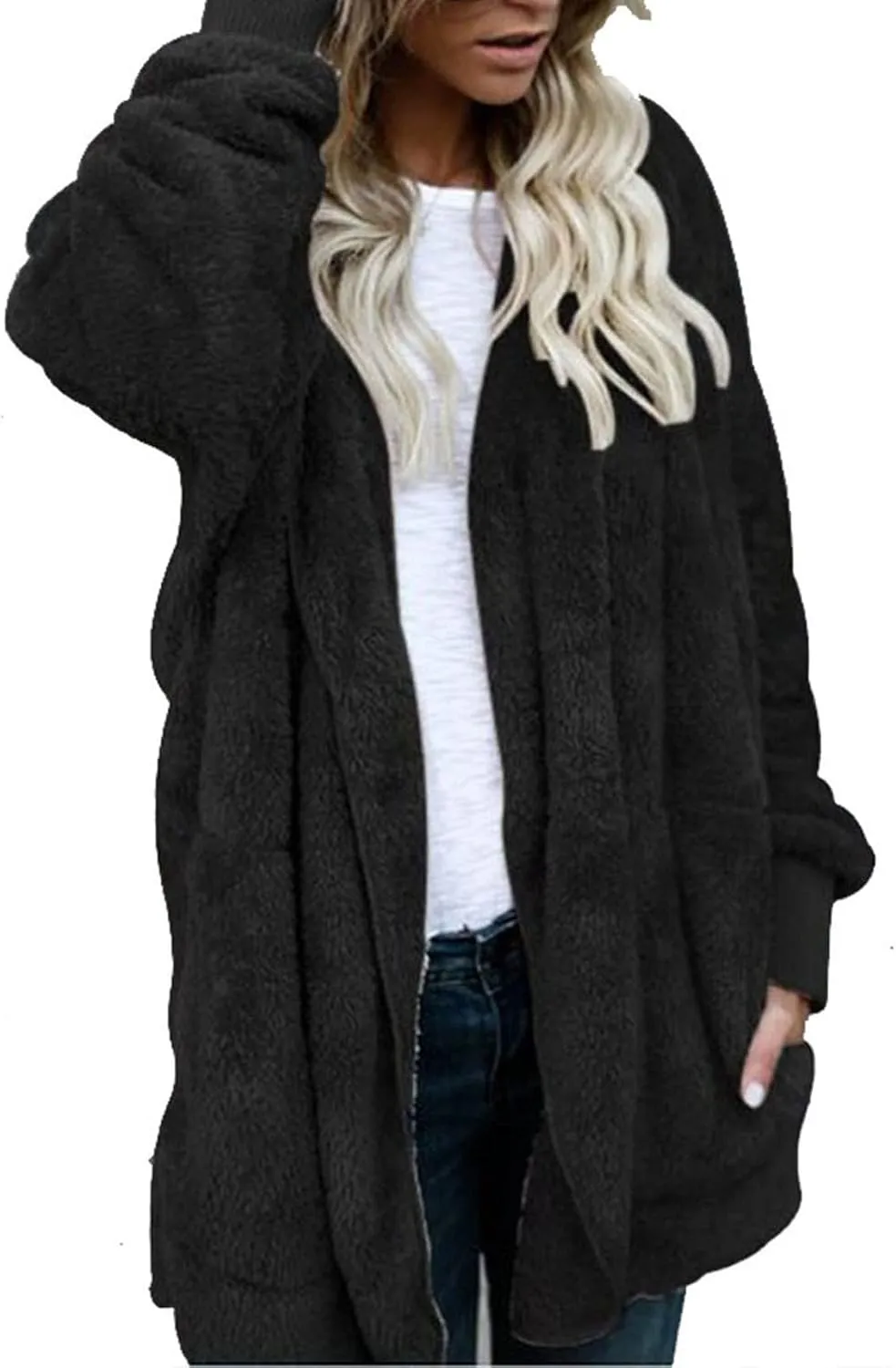 Sherpa Jacket Women Fuzzy Open Front Fleece Lined Jackets Soft Warm Hooded Cardigan Fleece Sweater Winter Coat