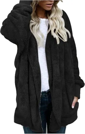 Sherpa Jacket Women Fuzzy Open Front Fleece Lined Jackets Soft Warm Hooded Cardigan Fleece Sweater Winter Coat