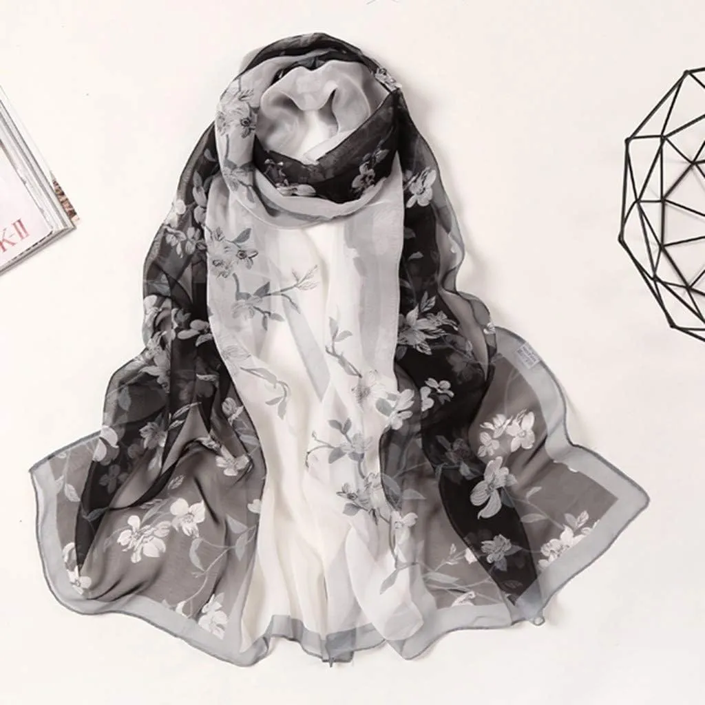 Silk Long Satin Scarf Fashion Vintage Floral Print Scarf Shawl Sunscreen Beach Shawls Wraps Lightweight Neckerchief