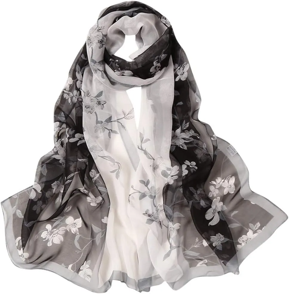 Silk Long Satin Scarf Fashion Vintage Floral Print Scarf Shawl Sunscreen Beach Shawls Wraps Lightweight Neckerchief