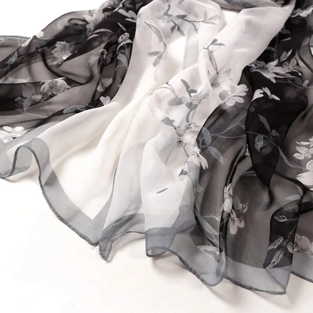 Silk Long Satin Scarf Fashion Vintage Floral Print Scarf Shawl Sunscreen Beach Shawls Wraps Lightweight Neckerchief