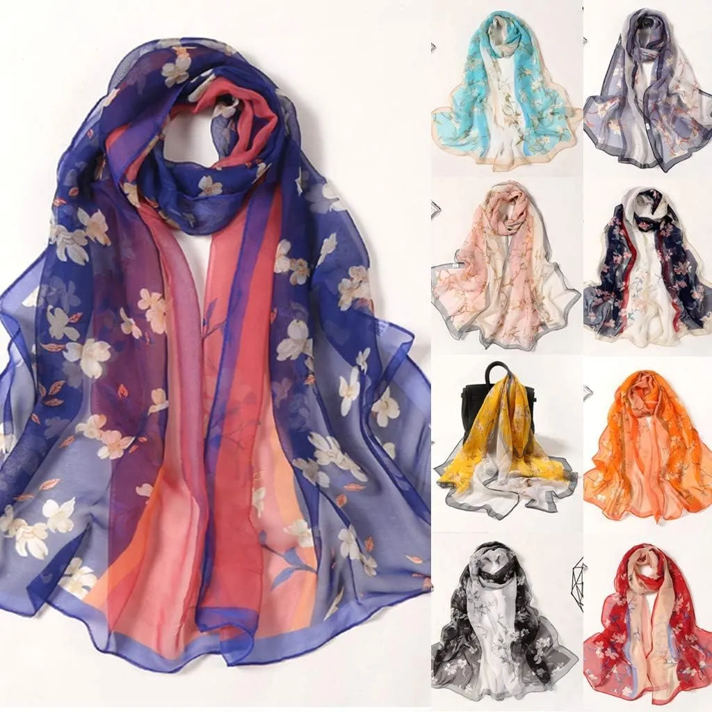 Silk Long Satin Scarf Fashion Vintage Floral Print Scarf Shawl Sunscreen Beach Shawls Wraps Lightweight Neckerchief