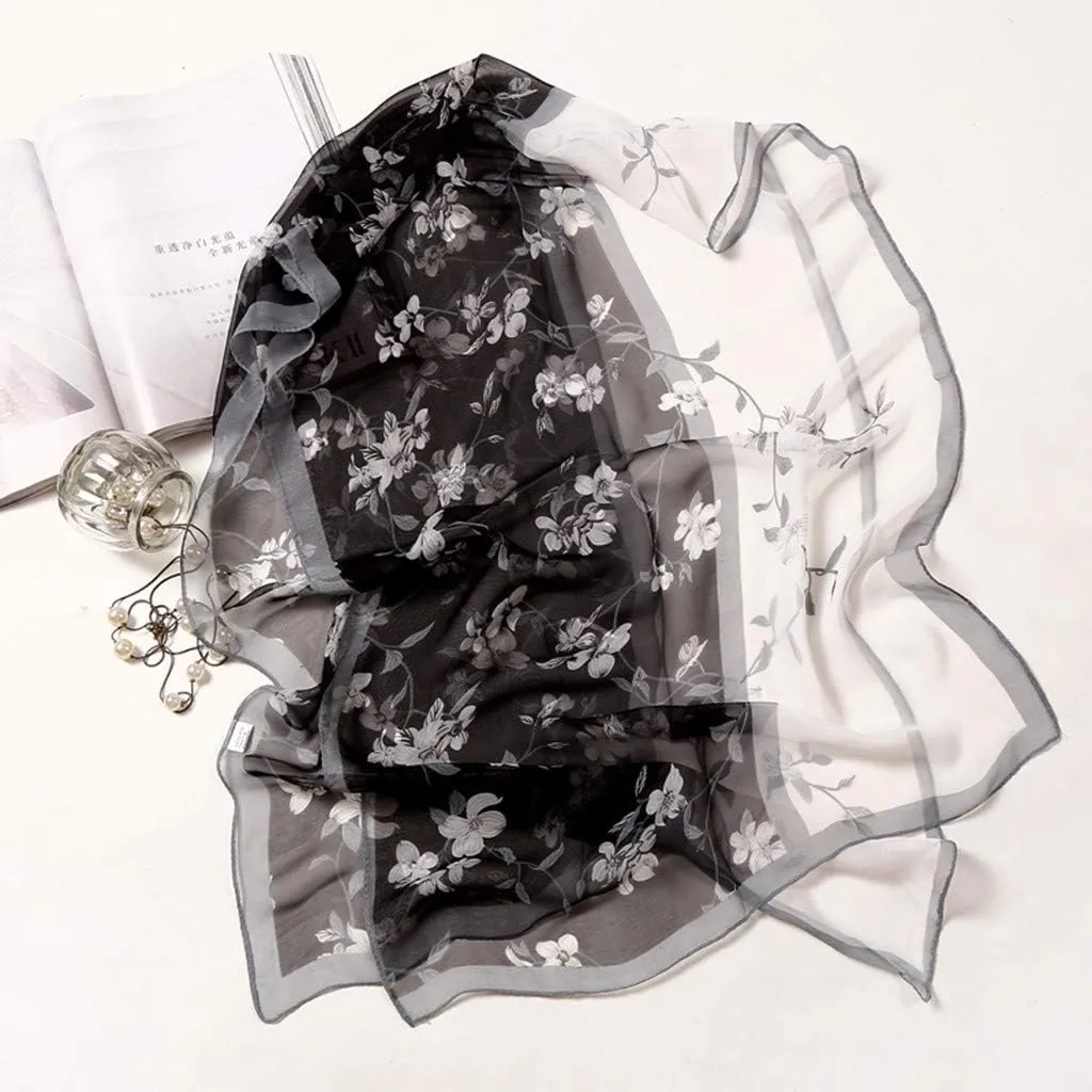 Silk Long Satin Scarf Fashion Vintage Floral Print Scarf Shawl Sunscreen Beach Shawls Wraps Lightweight Neckerchief