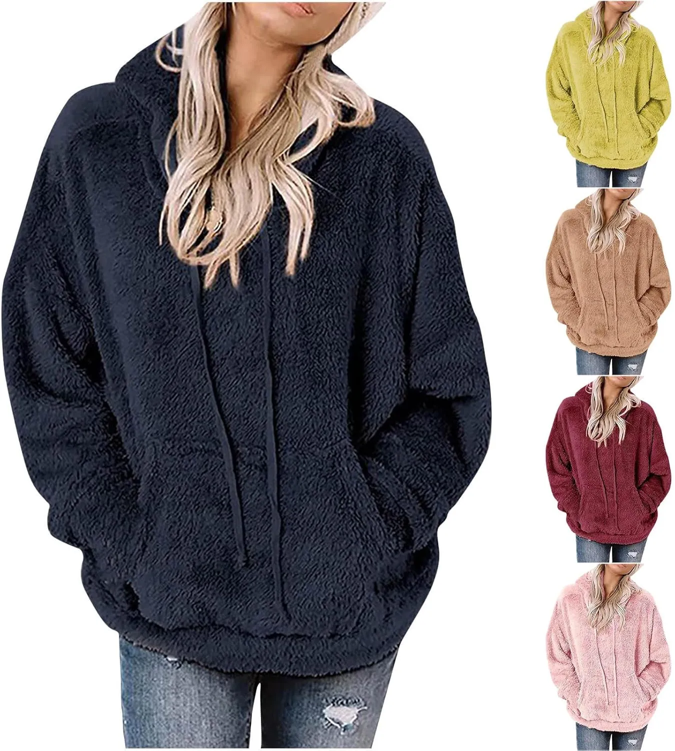 SMIDOW Women Casual Fuzzy Sweatshirt Faux Fleece Pullover Hoodies Cozy Oversized Pockets Hooded Sweatshirts Fall Fashion 2023