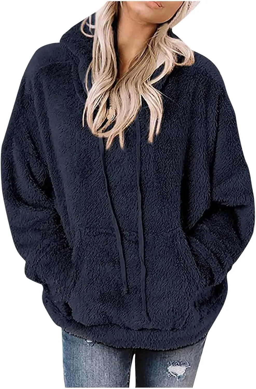 SMIDOW Women Casual Fuzzy Sweatshirt Faux Fleece Pullover Hoodies Cozy Oversized Pockets Hooded Sweatshirts Fall Fashion 2023