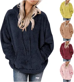 SMIDOW Women Casual Fuzzy Sweatshirt Faux Fleece Pullover Hoodies Cozy Oversized Pockets Hooded Sweatshirts Fall Fashion 2023