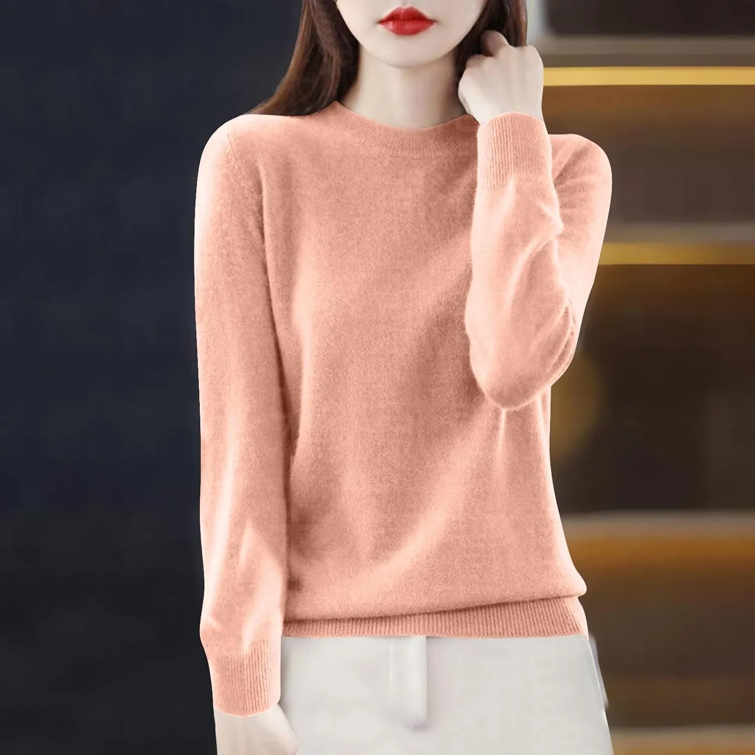 Sweaters for Women Trendy Long Sleeve Fuzzy Crewneck Pullover Tops Solid Color Lightweight Cashmere Sweater