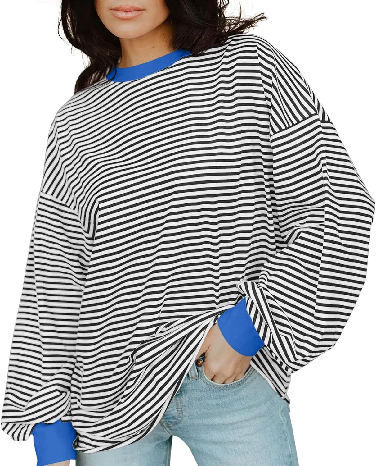 Tankaneo Womens Oversized Long Sleeve T Shirts Striped Color Block Cotton Tunic Tops Loose Fit Fall Crewneck Sweatshirt