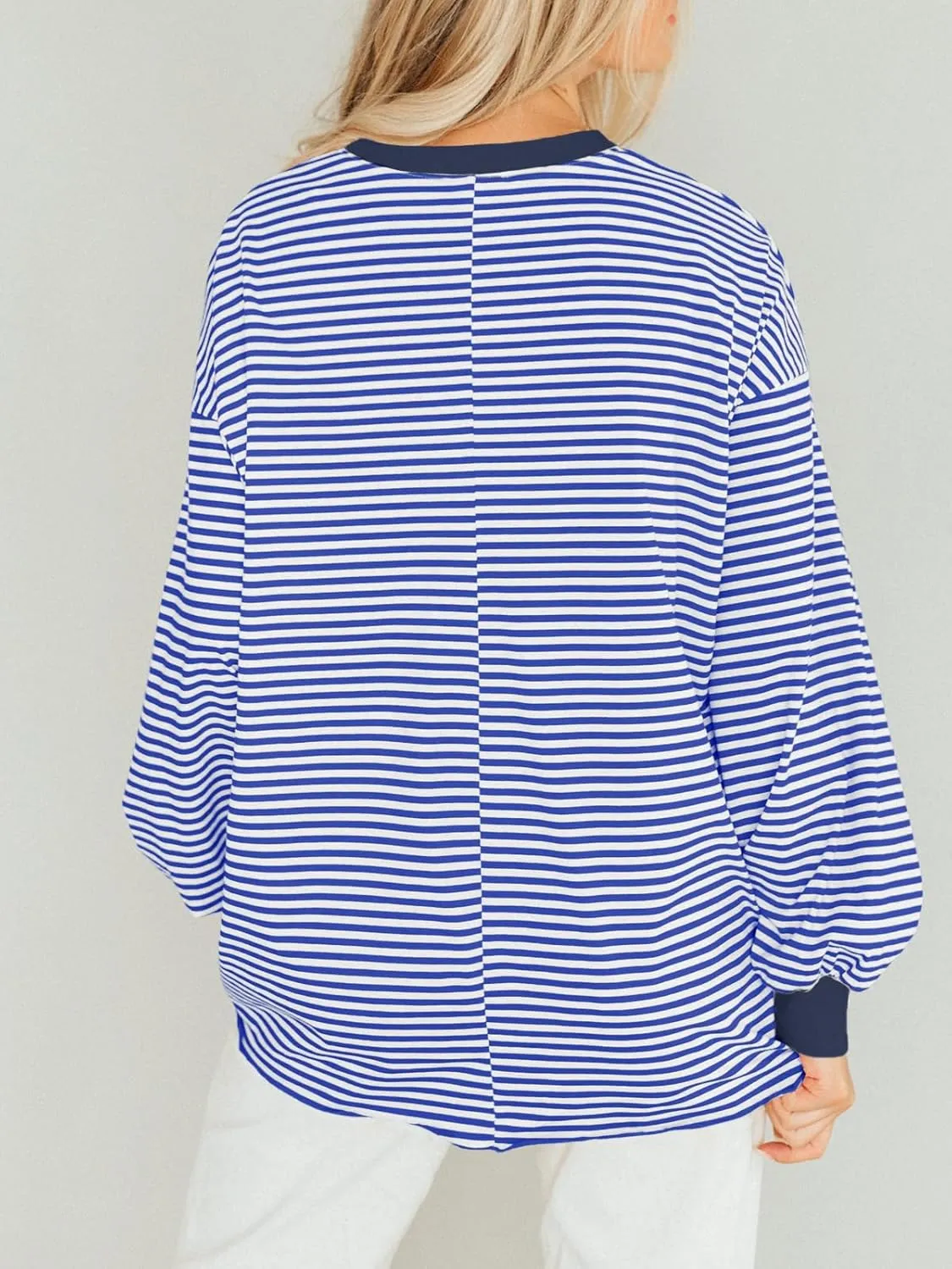 Tankaneo Womens Oversized Long Sleeve T Shirts Striped Color Block Cotton Tunic Tops Loose Fit Fall Crewneck Sweatshirt