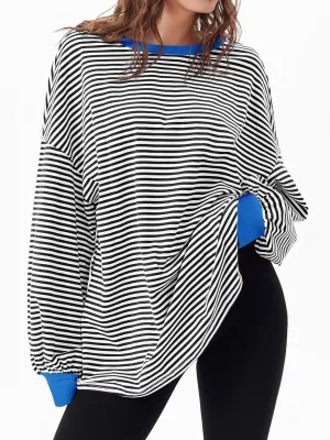 Tankaneo Womens Oversized Long Sleeve T Shirts Striped Color Block Cotton Tunic Tops Loose Fit Fall Crewneck Sweatshirt