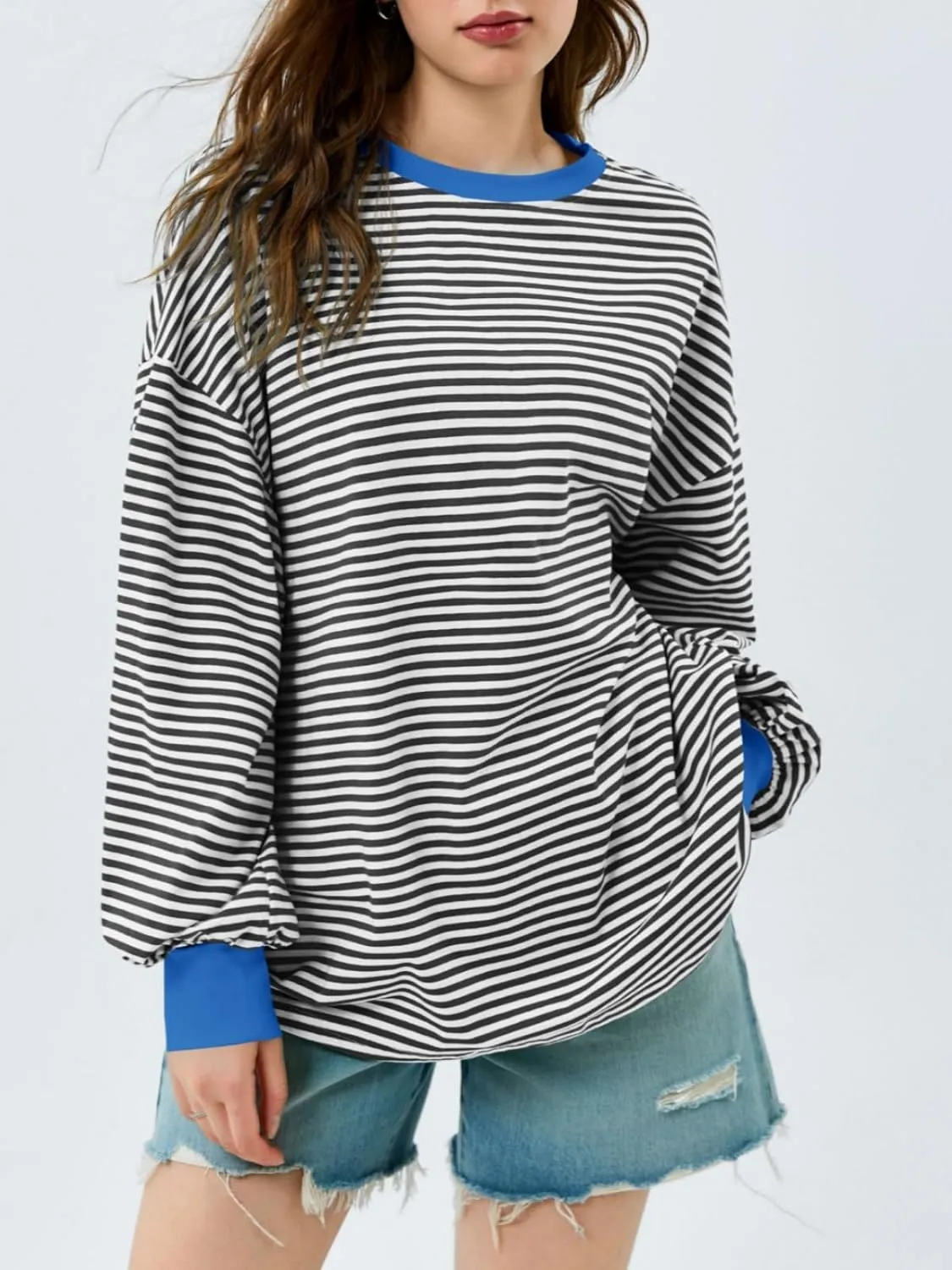 Tankaneo Womens Oversized Long Sleeve T Shirts Striped Color Block Cotton Tunic Tops Loose Fit Fall Crewneck Sweatshirt