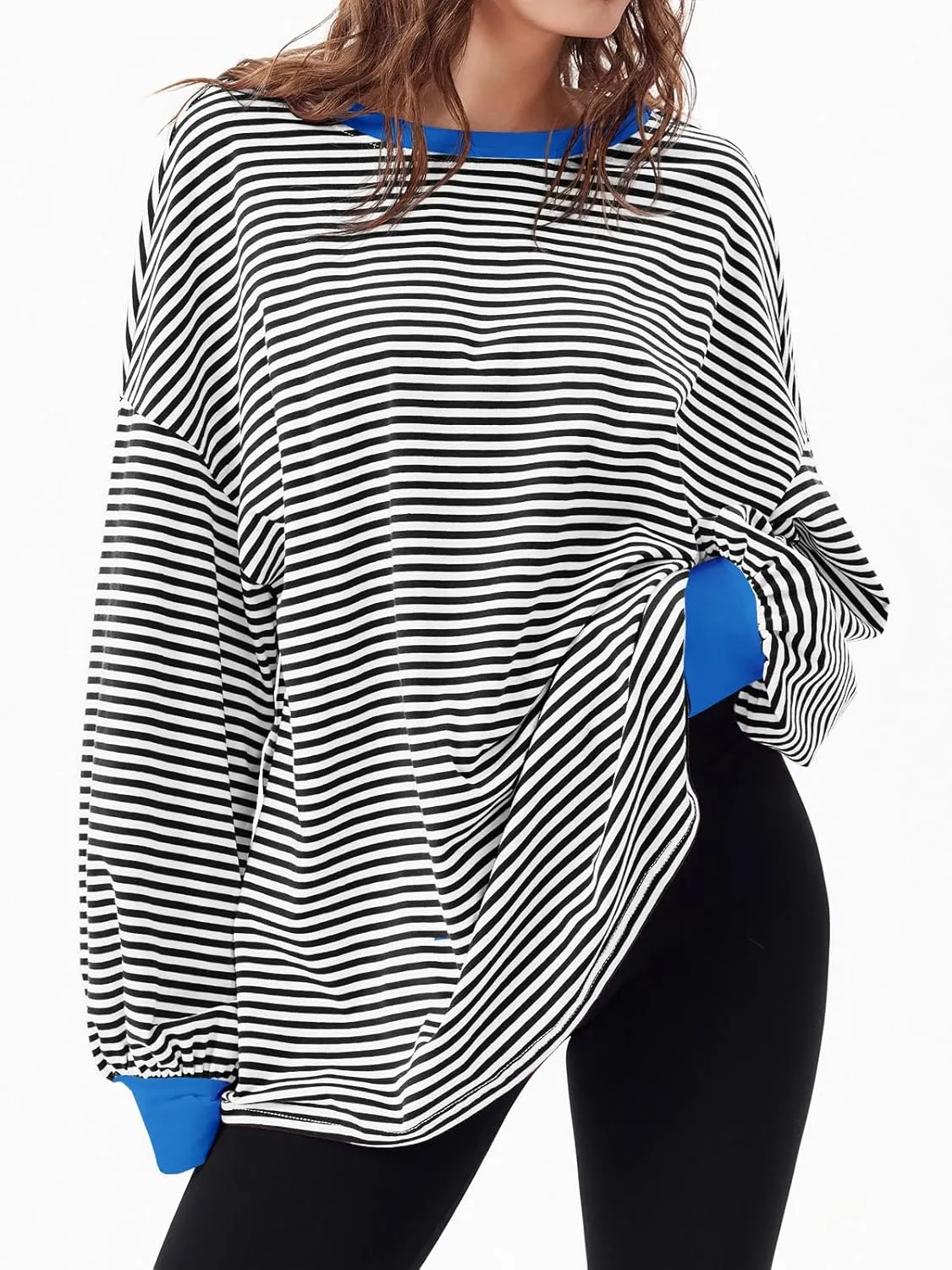 Tankaneo Womens Oversized Long Sleeve T Shirts Striped Color Block Cotton Tunic Tops Loose Fit Fall Crewneck Sweatshirt