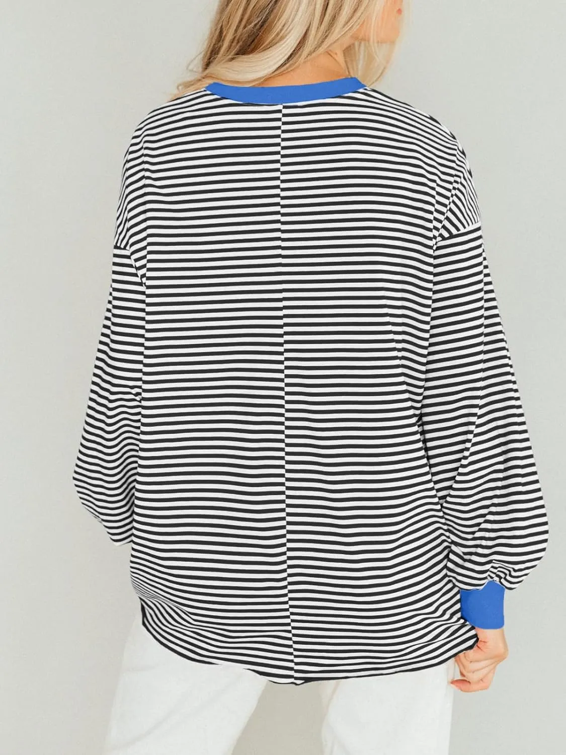 Tankaneo Womens Oversized Long Sleeve T Shirts Striped Color Block Cotton Tunic Tops Loose Fit Fall Crewneck Sweatshirt