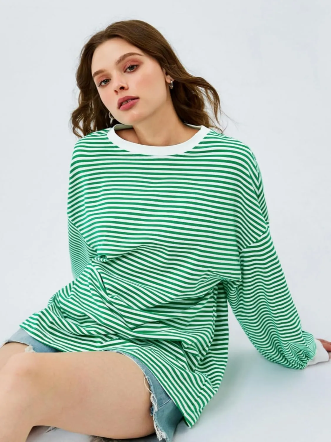 Tankaneo Womens Oversized Long Sleeve T Shirts Striped Color Block Cotton Tunic Tops Loose Fit Fall Crewneck Sweatshirt