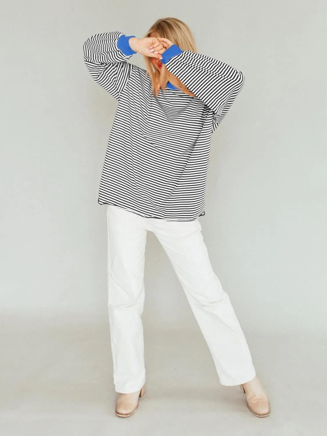 Tankaneo Womens Oversized Long Sleeve T Shirts Striped Color Block Cotton Tunic Tops Loose Fit Fall Crewneck Sweatshirt