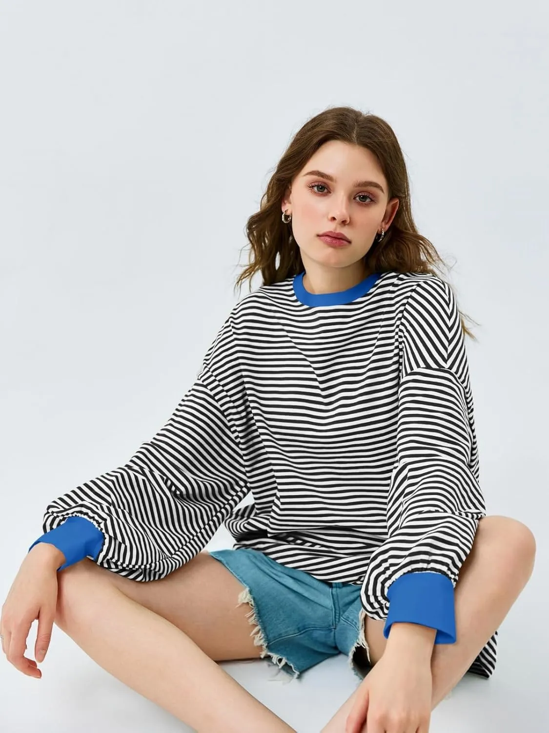 Tankaneo Womens Oversized Long Sleeve T Shirts Striped Color Block Cotton Tunic Tops Loose Fit Fall Crewneck Sweatshirt