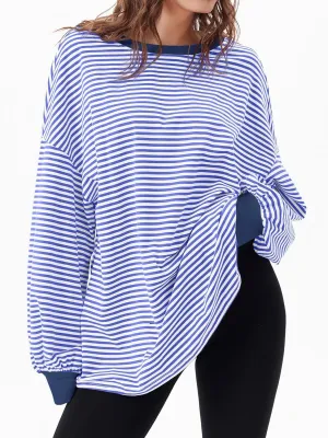 Tankaneo Womens Oversized Long Sleeve T Shirts Striped Color Block Cotton Tunic Tops Loose Fit Fall Crewneck Sweatshirt