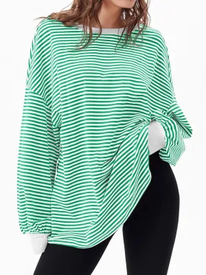Tankaneo Womens Oversized Long Sleeve T Shirts Striped Color Block Cotton Tunic Tops Loose Fit Fall Crewneck Sweatshirt