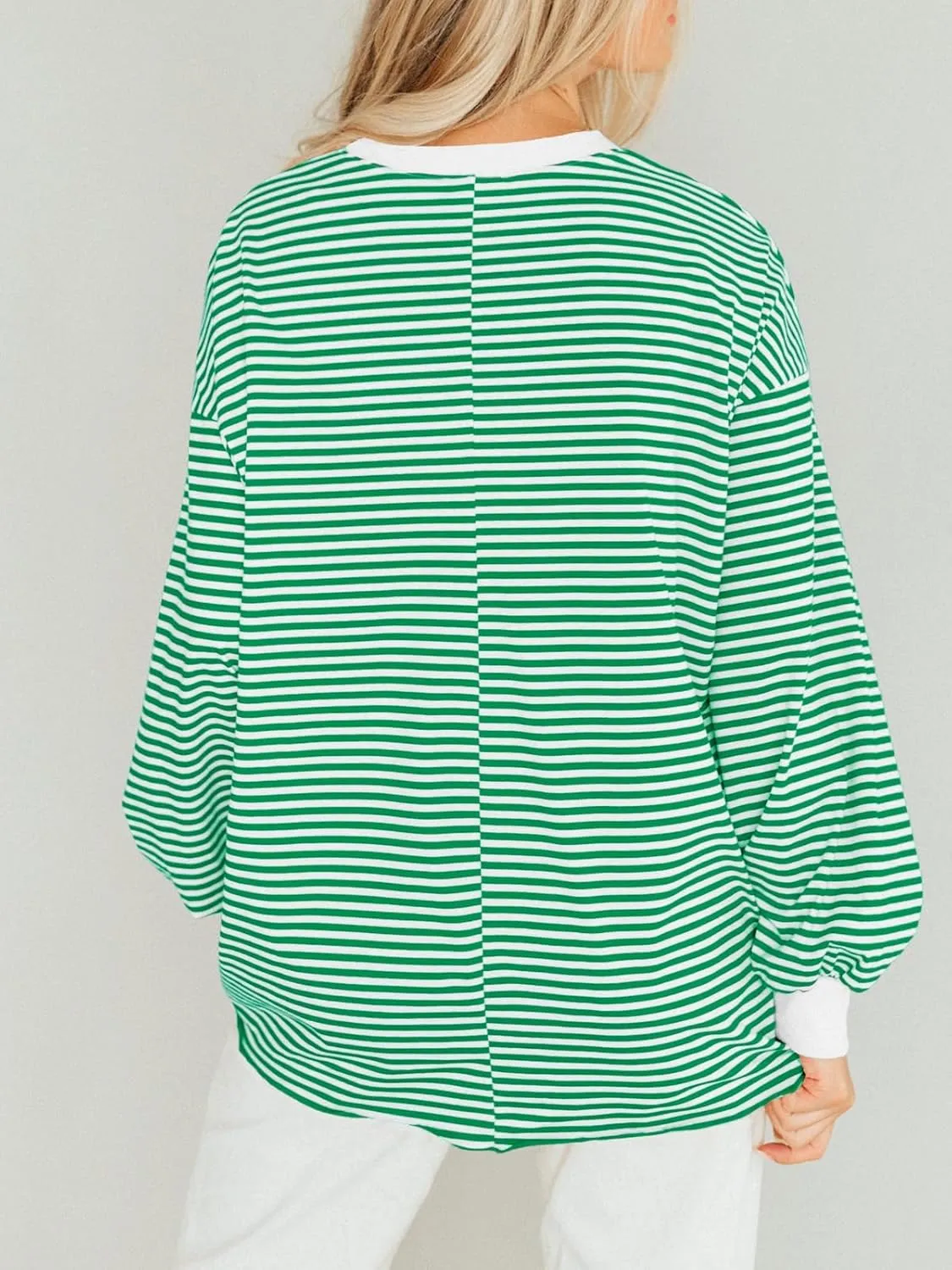 Tankaneo Womens Oversized Long Sleeve T Shirts Striped Color Block Cotton Tunic Tops Loose Fit Fall Crewneck Sweatshirt