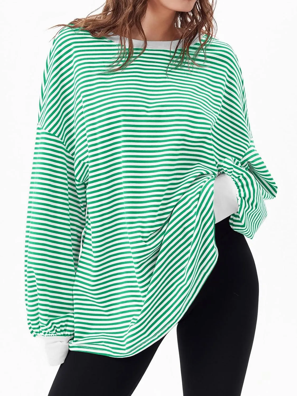 Tankaneo Womens Oversized Long Sleeve T Shirts Striped Color Block Cotton Tunic Tops Loose Fit Fall Crewneck Sweatshirt