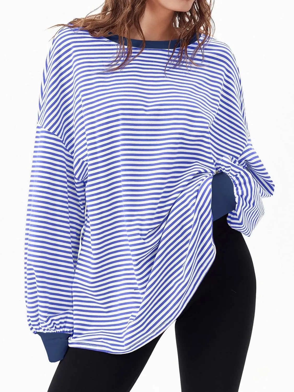 Tankaneo Womens Oversized Long Sleeve T Shirts Striped Color Block Cotton Tunic Tops Loose Fit Fall Crewneck Sweatshirt