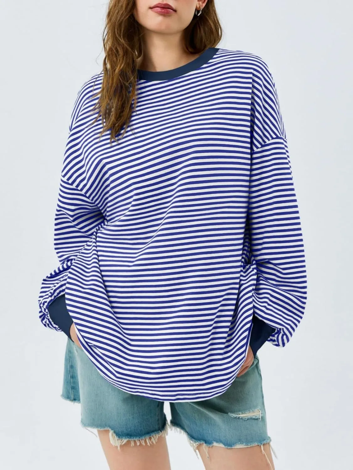 Tankaneo Womens Oversized Long Sleeve T Shirts Striped Color Block Cotton Tunic Tops Loose Fit Fall Crewneck Sweatshirt