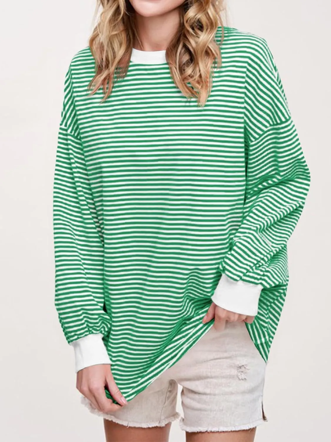 Tankaneo Womens Oversized Long Sleeve T Shirts Striped Color Block Cotton Tunic Tops Loose Fit Fall Crewneck Sweatshirt