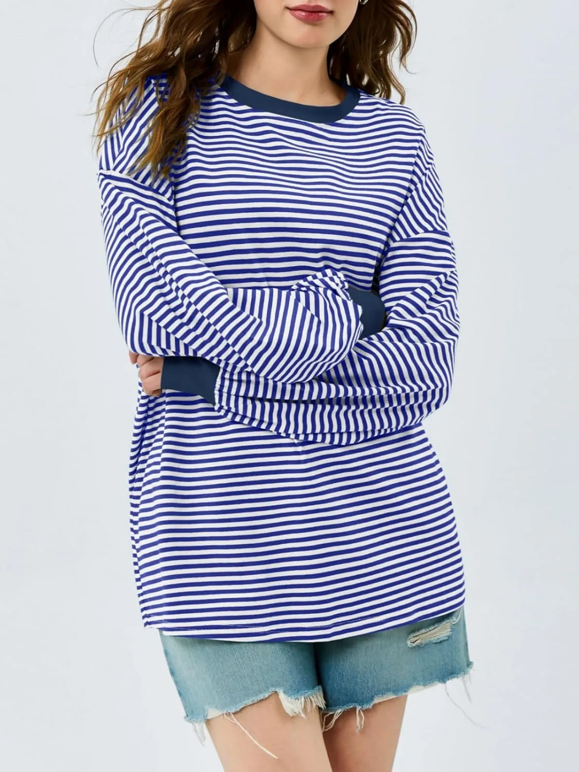 Tankaneo Womens Oversized Long Sleeve T Shirts Striped Color Block Cotton Tunic Tops Loose Fit Fall Crewneck Sweatshirt