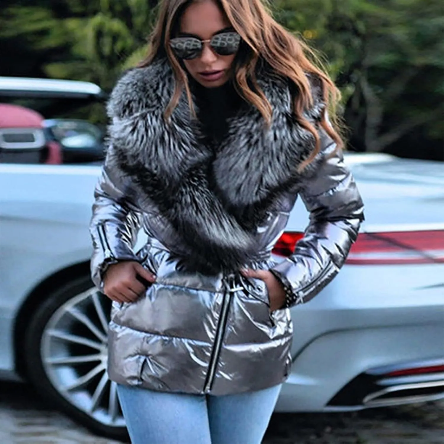 tuduoms Womens Ladies Winter Jackets Luxury Warm Shining Short Puffer Down Coats Lightweight Outerwear Zipper Parka Jacket