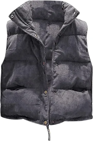 tuduoms Women's Vests Warm Puffer Vest Winter Casual Corduroy Jacket Gilet Light Packable Down Waistcoat Snaps Zip Outwear
