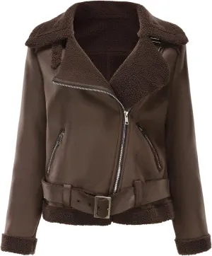 Uillui Women Fashion Sherpa Bomber Jacket Winter Lamb Wool Fleece Lined Thicken Trucker Jacket Fur in One Thermal Suede Coat