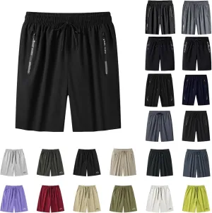 Unisex Athletic Shorts Ice Silk Quick Drying Stretch Shorts for Women Men Summer Workout Gym with Zipper Pockets