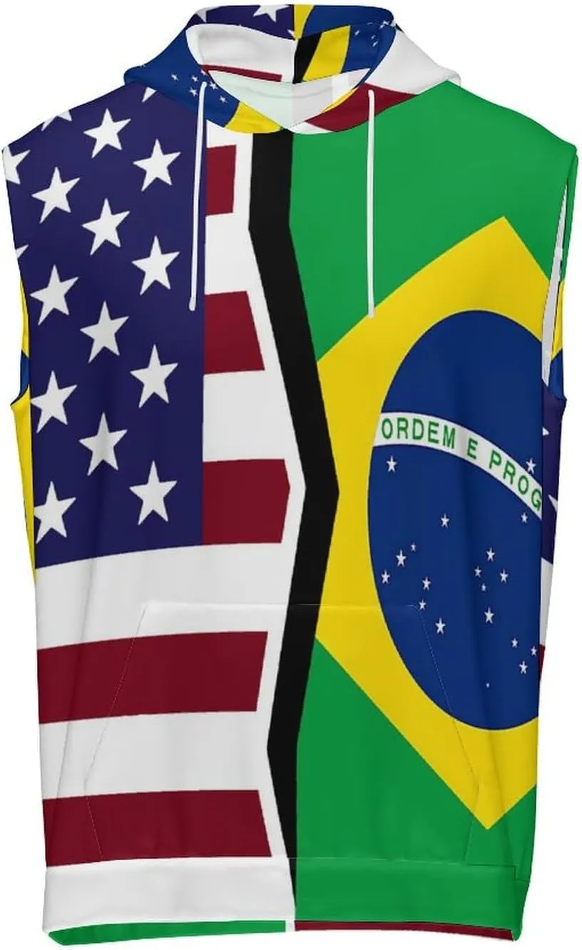 U.S. And Brazilian Flag Men's Workout Tank Tops Sleeveless Running Shirts With Hoodie Workout Hooded
