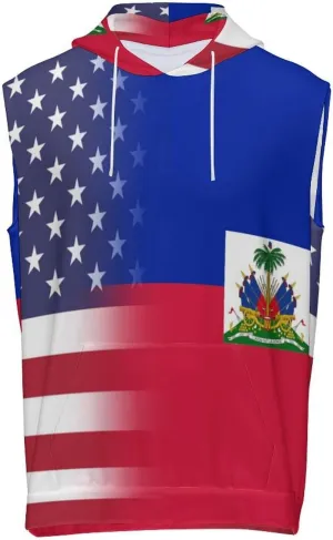 U.S. Haiti Flag Men's Workout Tank Tops Sleeveless Running Shirts With Hoodie Workout Hooded