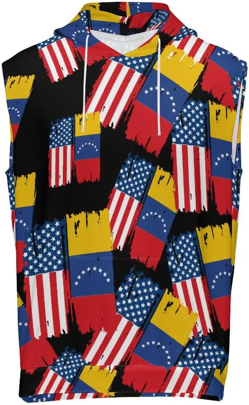 U.S. Venezuela Flag Men's Workout Tank Tops Sleeveless Running Shirts With Hoodie Workout Hooded