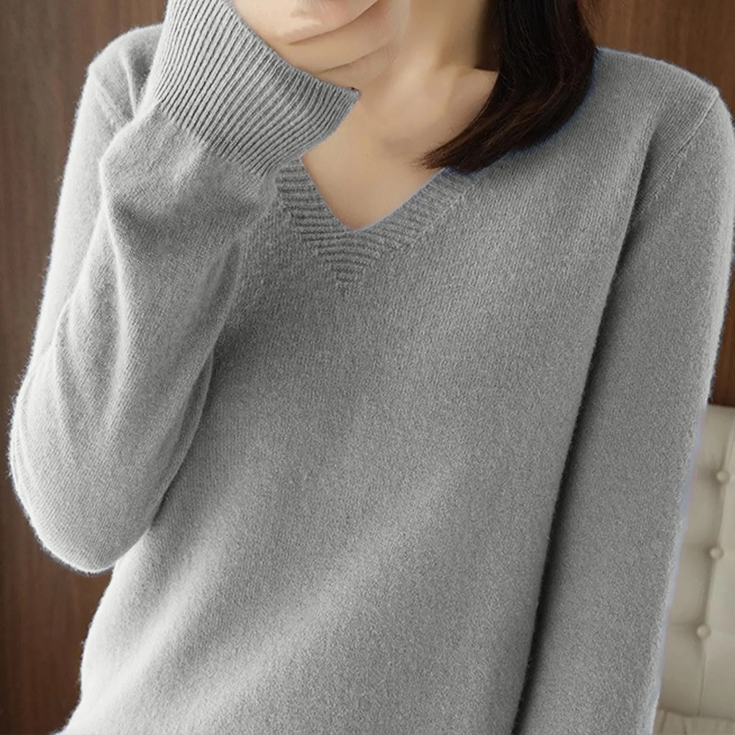 V Neck Cashmere Sweater for Women Fashion Soft Warm Long Sleeve Sweaters Solid Color Lightweight Cozy Trendy Outfits