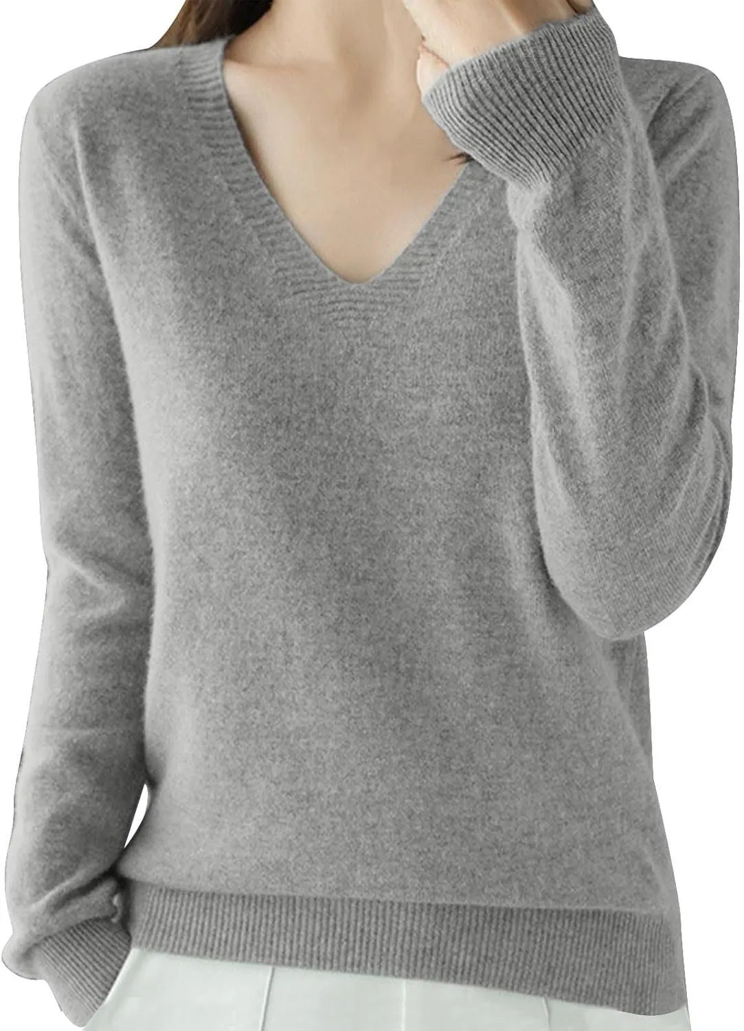 V Neck Cashmere Sweater for Women Fashion Soft Warm Long Sleeve Sweaters Solid Color Lightweight Cozy Trendy Outfits