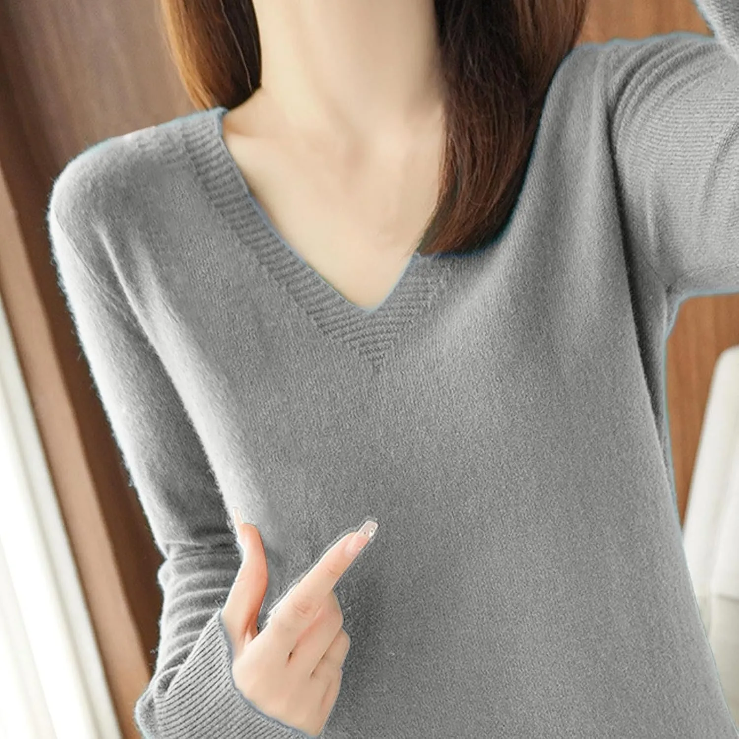 V Neck Cashmere Sweater for Women Fashion Soft Warm Long Sleeve Sweaters Solid Color Lightweight Cozy Trendy Outfits