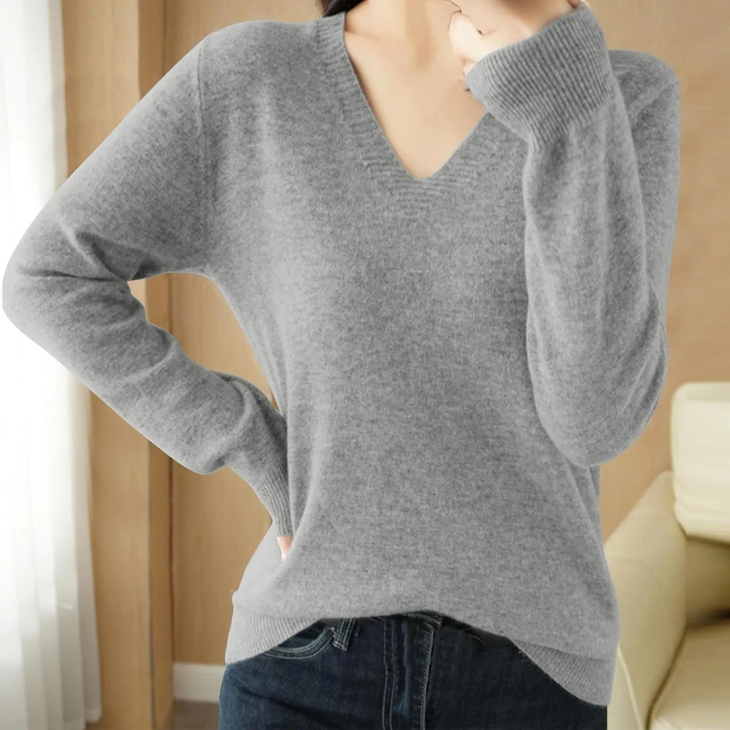 V Neck Cashmere Sweater for Women Fashion Soft Warm Long Sleeve Sweaters Solid Color Lightweight Cozy Trendy Outfits