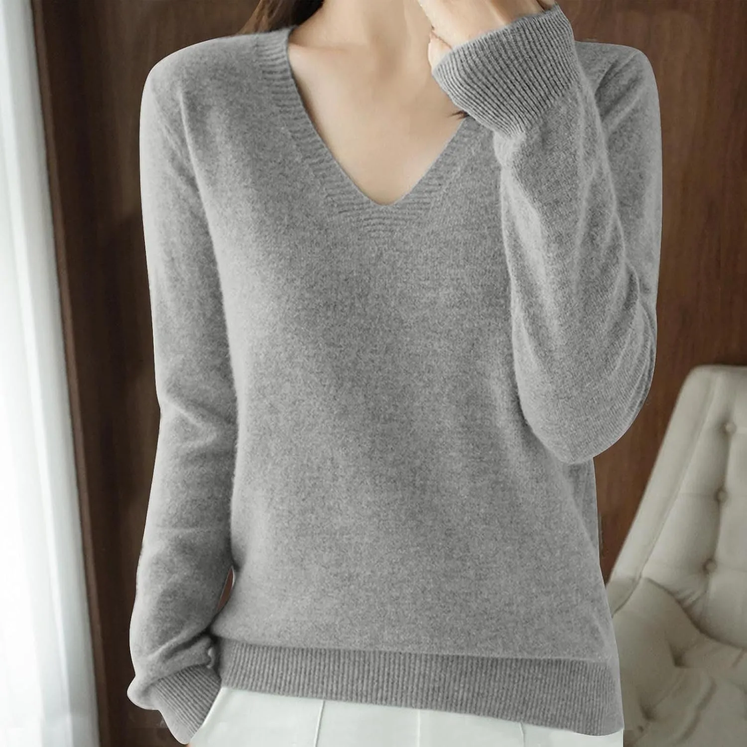 V Neck Cashmere Sweater for Women Fashion Soft Warm Long Sleeve Sweaters Solid Color Lightweight Cozy Trendy Outfits