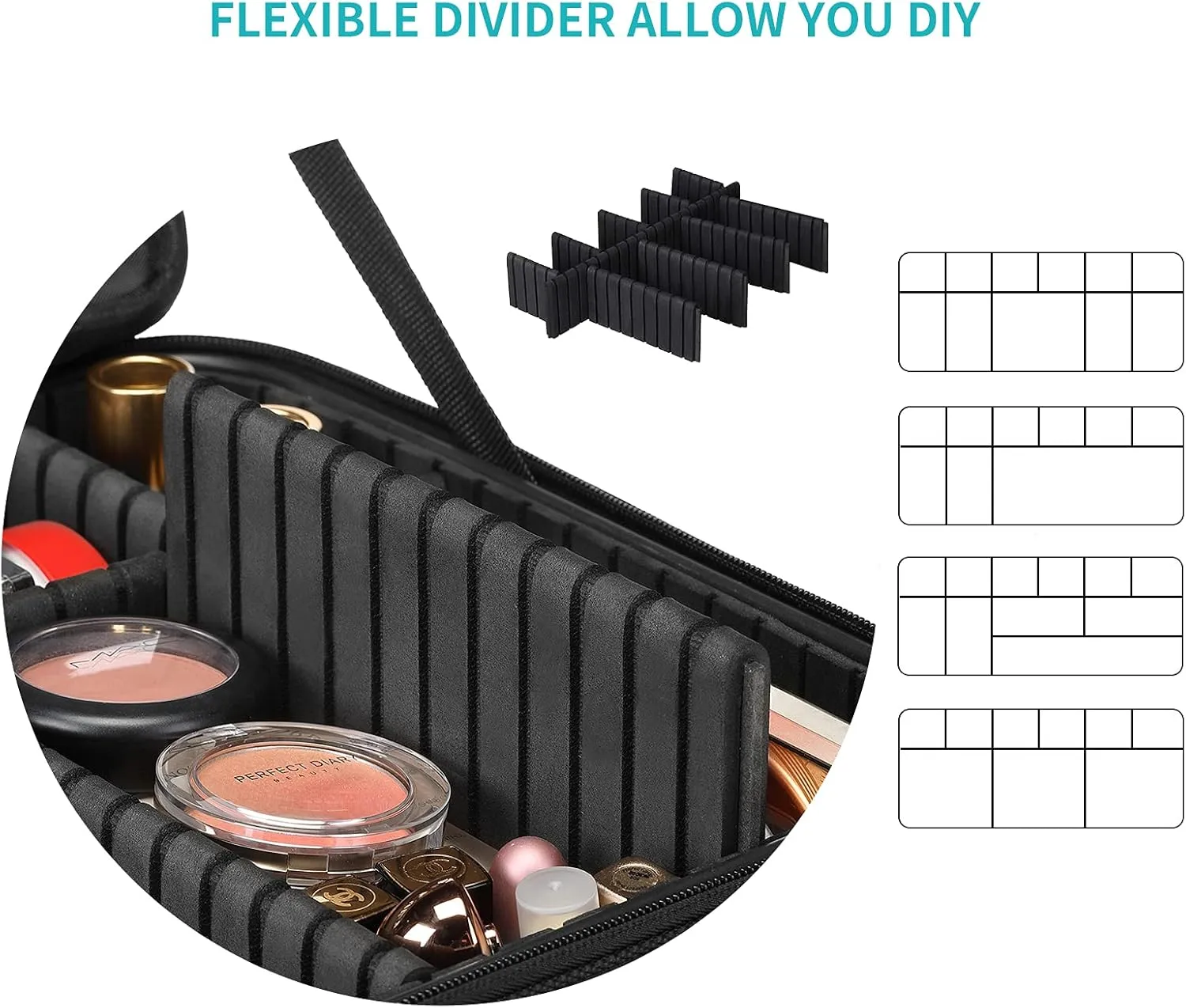 Vlando Large Make up Bag Case Organizer for Women Adjustable Dividers for Travel Makeup Cosmetics Make up Bags Brushes Lipstick Facial Mask Case Black
