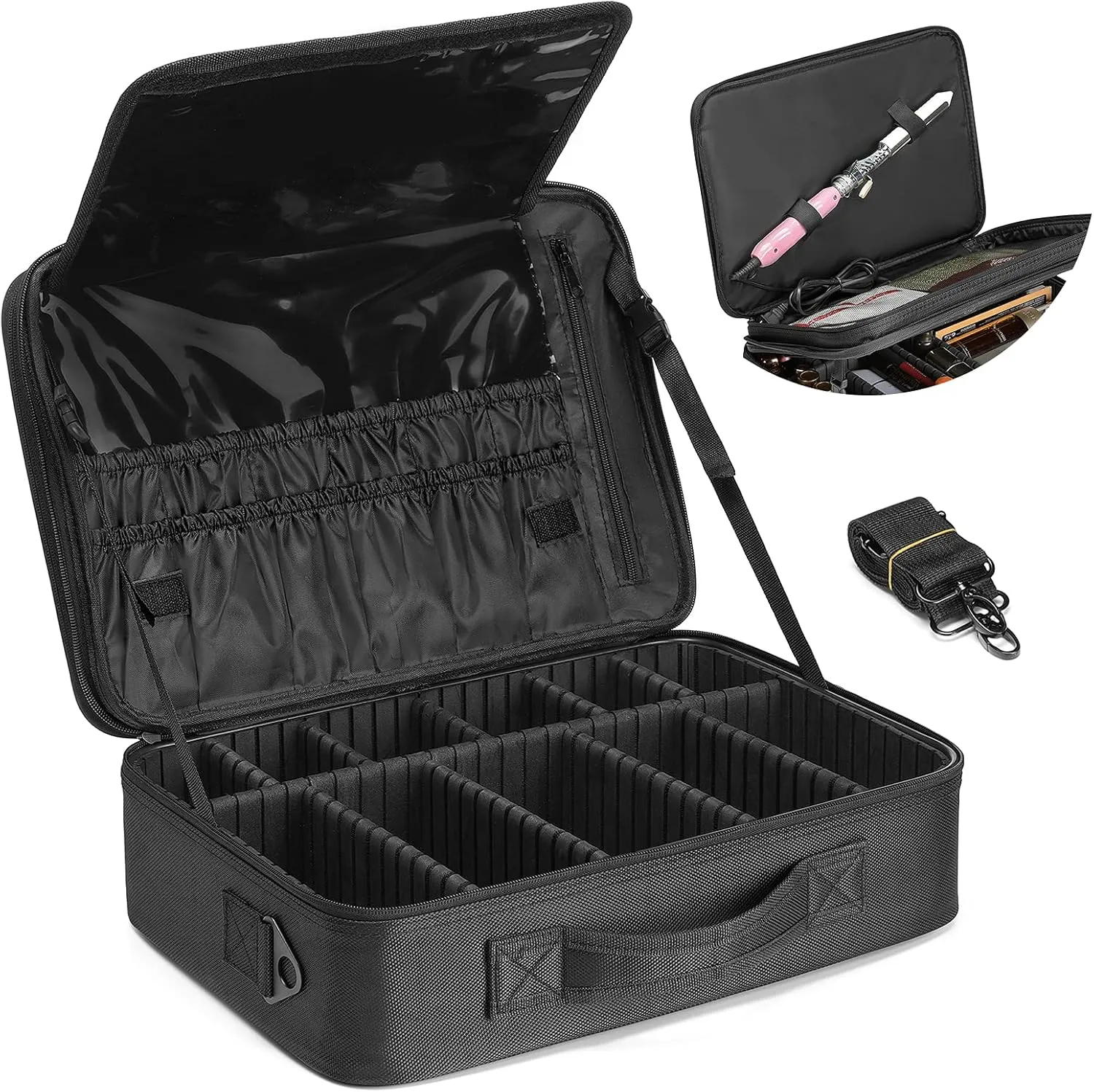 Vlando Large Make up Bag Case Organizer for Women Adjustable Dividers for Travel Makeup Cosmetics Make up Bags Brushes Lipstick Facial Mask Case Black