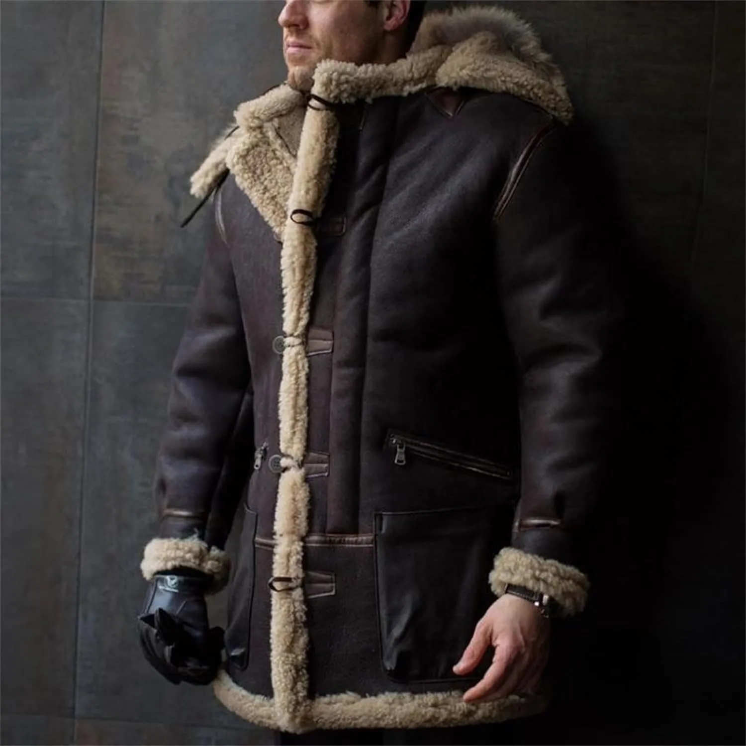 Wankang Mens Shearling Sheepskin Leather Warm Duffle Trench Coat Faux Fur Sherpa Lined Leather Jacket Winter Coat for Men