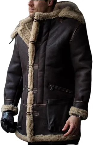 Wankang Mens Shearling Sheepskin Leather Warm Duffle Trench Coat Faux Fur Sherpa Lined Leather Jacket Winter Coat for Men