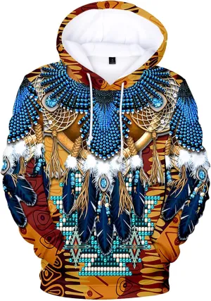 WENKOMG1 Mens Ethnic Printed Hoodies Long Sleeve Winter Fall American Indian Sweatshirt Native Style Graphic Pullover