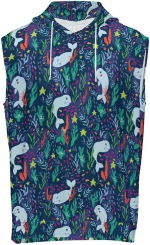 Whales Aquatic Plant Star Seafloor Men's Workout Tank Tops Sleeveless Running Shirts With Hoodie Workout Hooded