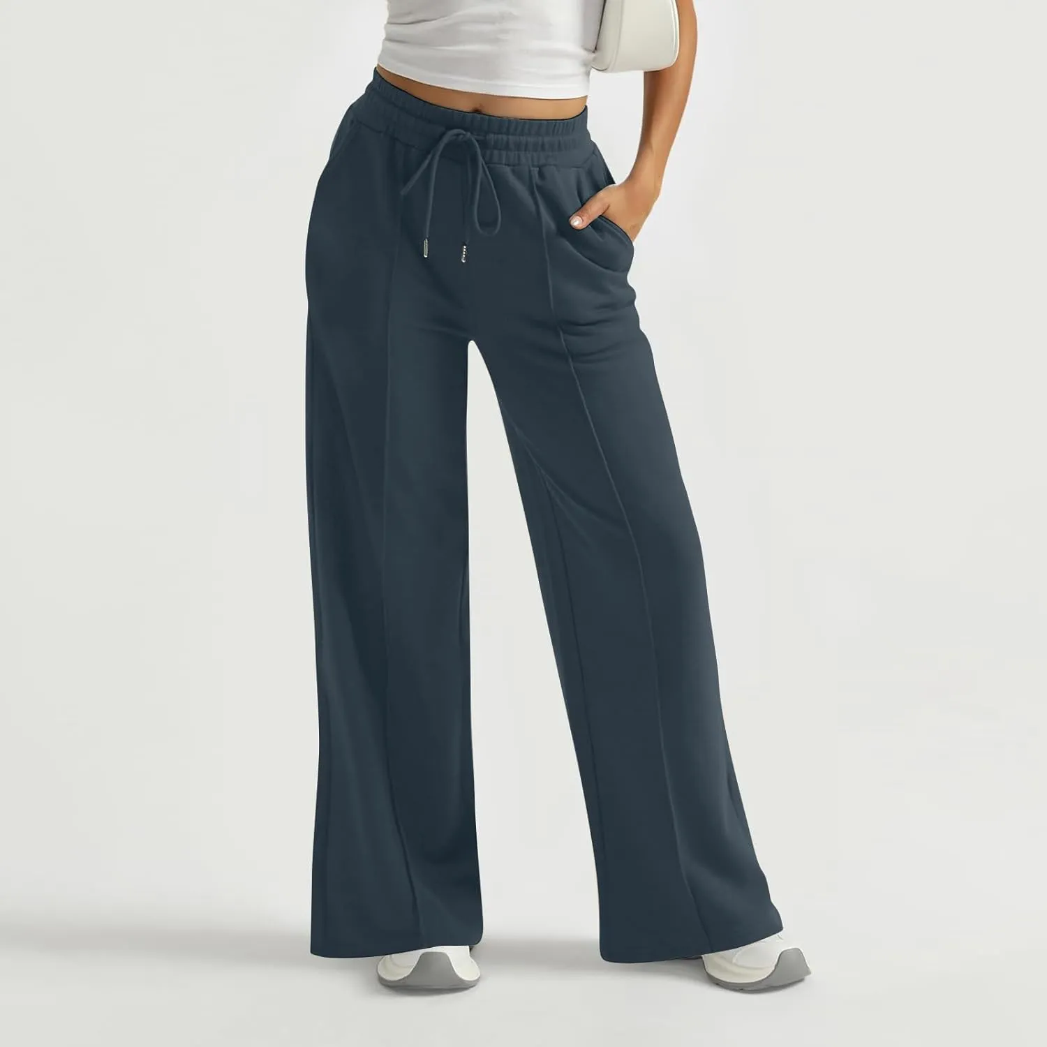Wide Leg Sweatpants Women Baggy Oversized High Waist Cotton Joggers Drawstring Lightweight Lounge Pants with Pockets